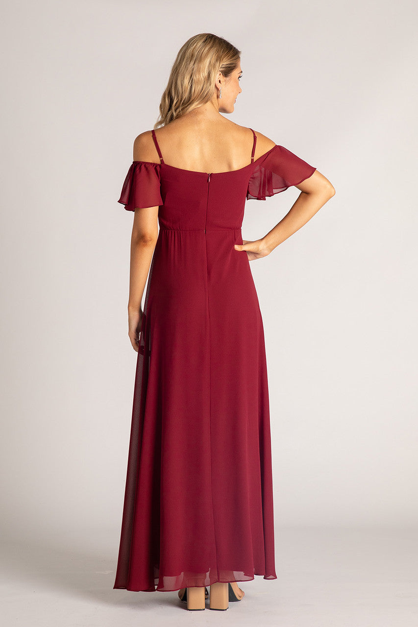 Amara Off Shoulder Chiffon Bridesmaids Dress in Burgundy