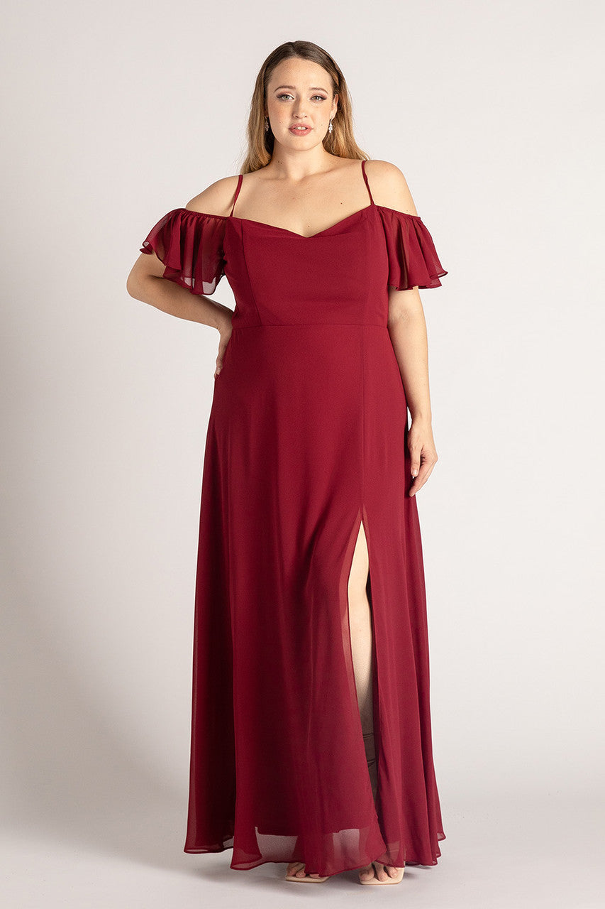 Amara Off Shoulder Chiffon Bridesmaids Dress in Burgundy