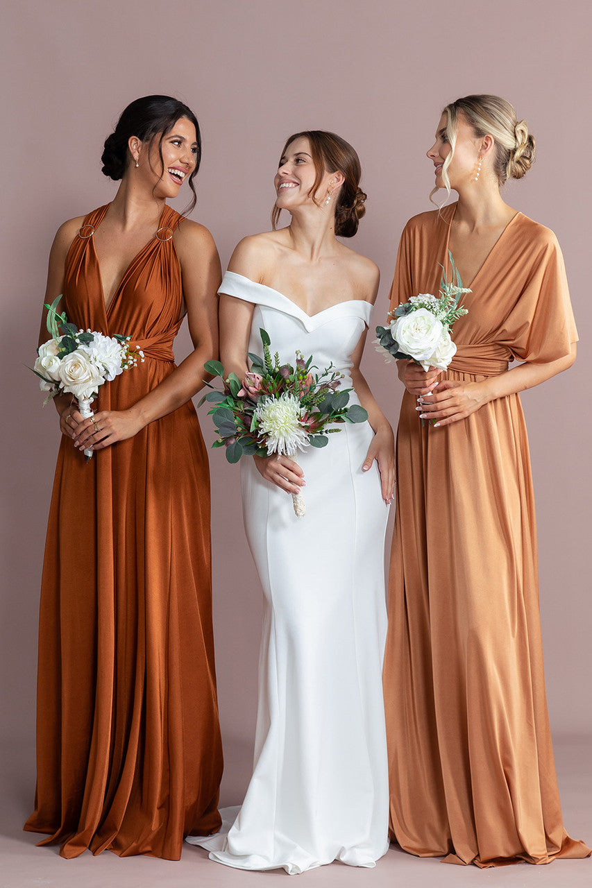 Luxe Satin A-line Multiway Infinity Dress in Tan