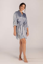 Dahlia Satin Lace Bridesmaid Robe in Dusty Blue