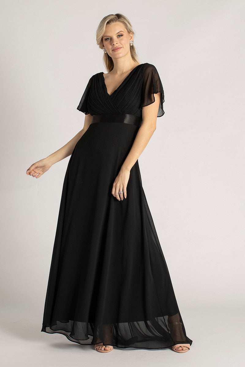 Evelyn Chiffon Short Sleeved Bridesmaid Dress in Black
