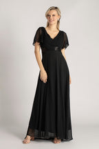 Evelyn Chiffon Short Sleeved Bridesmaid Dress in Black