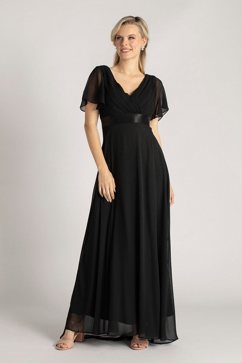 Evelyn Chiffon Short Sleeved Bridesmaid Dress in Black