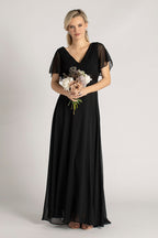 Evelyn Chiffon Short Sleeved Bridesmaid Dress in Black