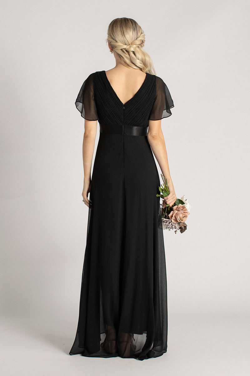 Evelyn Chiffon Short Sleeved Bridesmaid Dress in Black