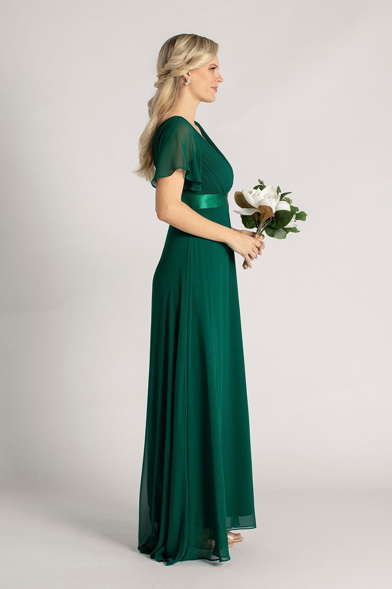 Evelyn Chiffon Short Sleeved Bridesmaid Dress in Emerald Green