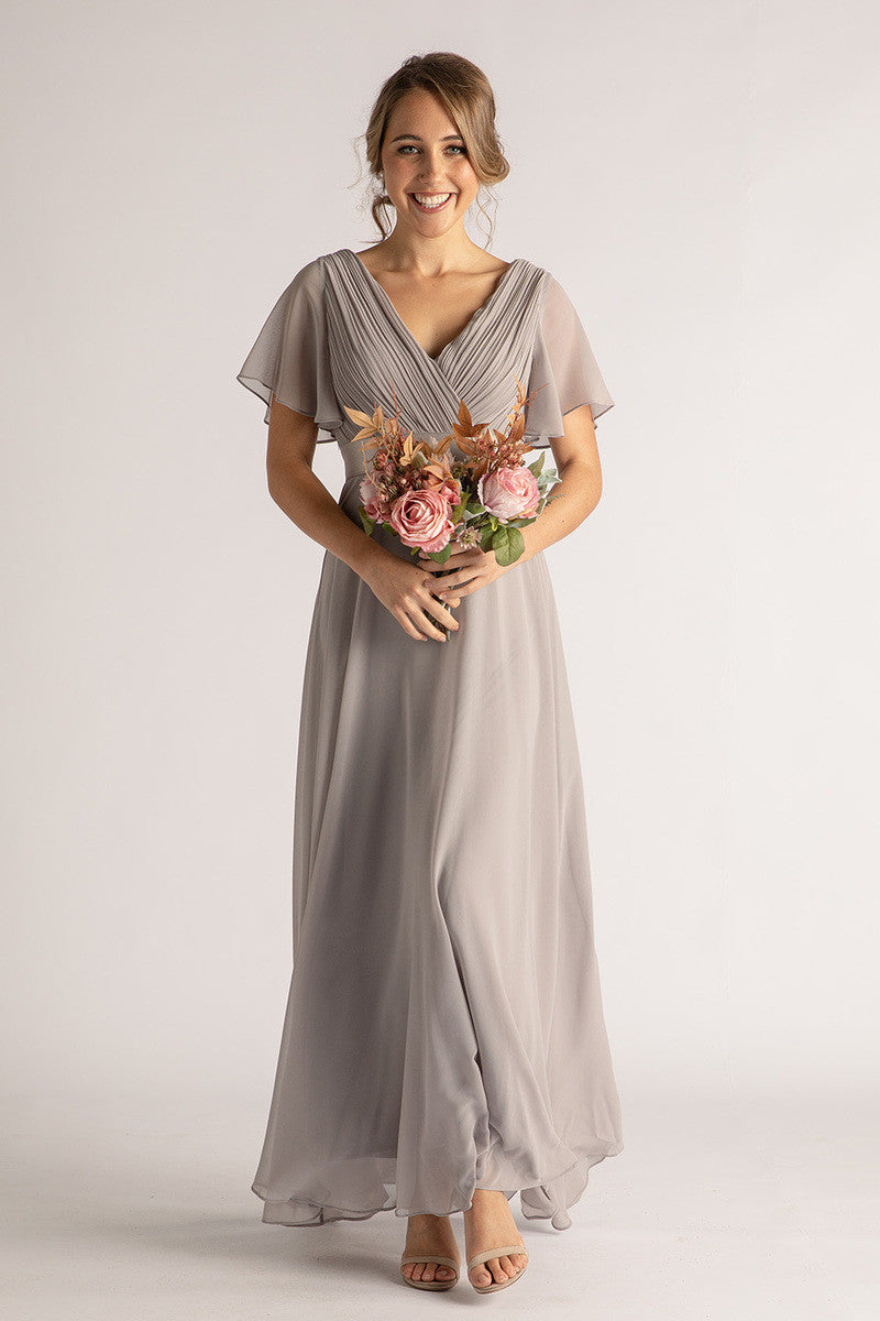 Evelyn Chiffon Short Sleeved Bridesmaid Dress in Grey