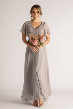 Evelyn Chiffon Short Sleeved Bridesmaid Dress in Grey