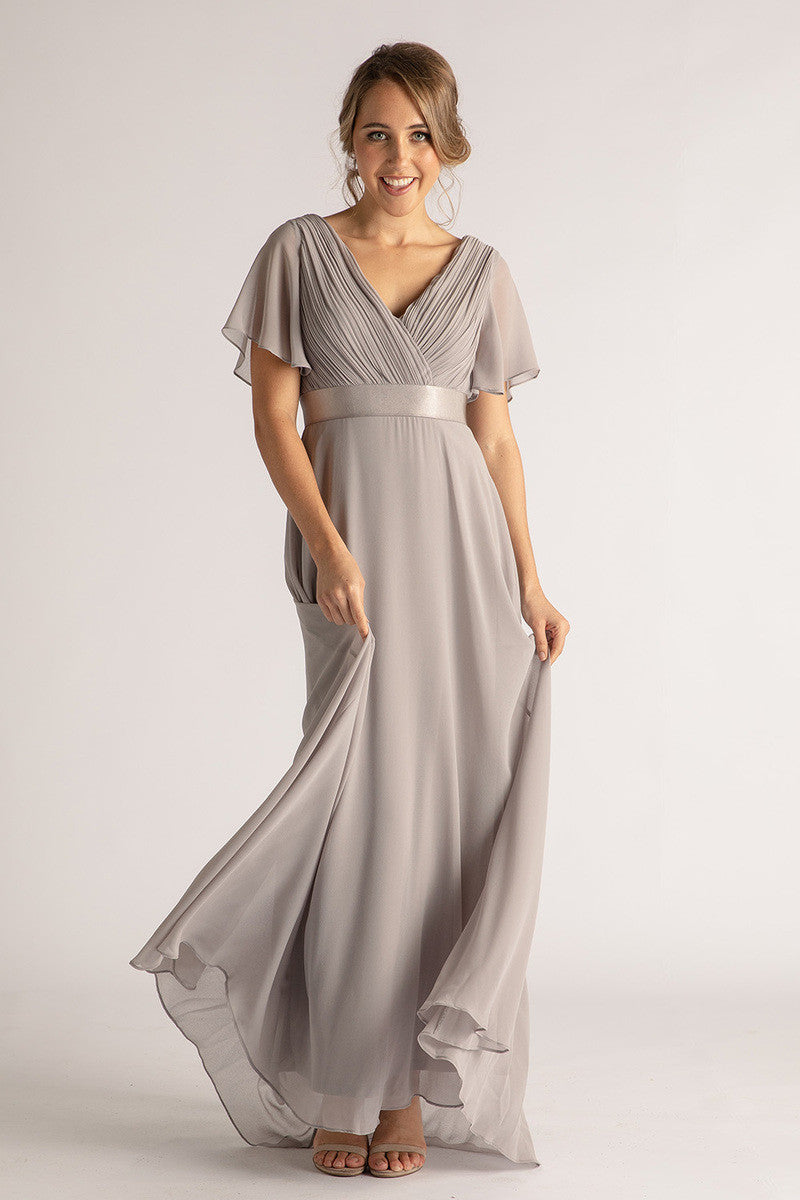 Evelyn Chiffon Short Sleeved Bridesmaid Dress in Grey