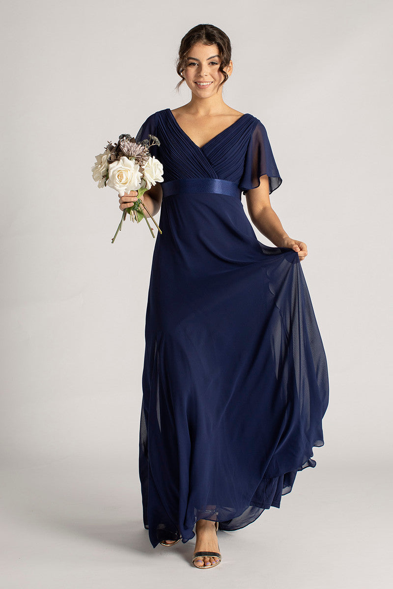 Evelyn Chiffon Short Sleeved Bridesmaid Dress in Navy