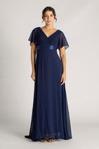 Evelyn Chiffon Short Sleeved Bridesmaid Dress in Navy