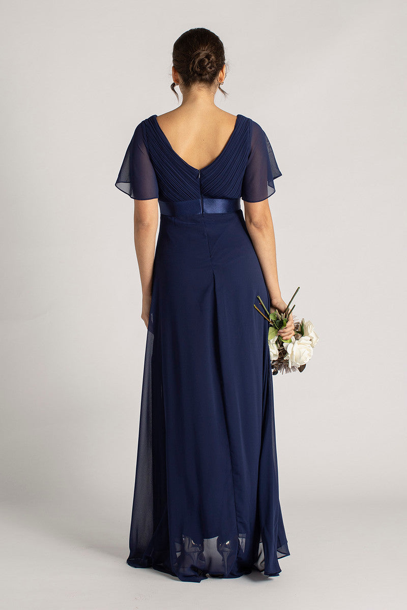 Evelyn Chiffon Short Sleeved Bridesmaid Dress in Navy