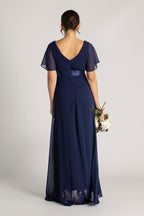 Evelyn Chiffon Short Sleeved Bridesmaid Dress in Navy