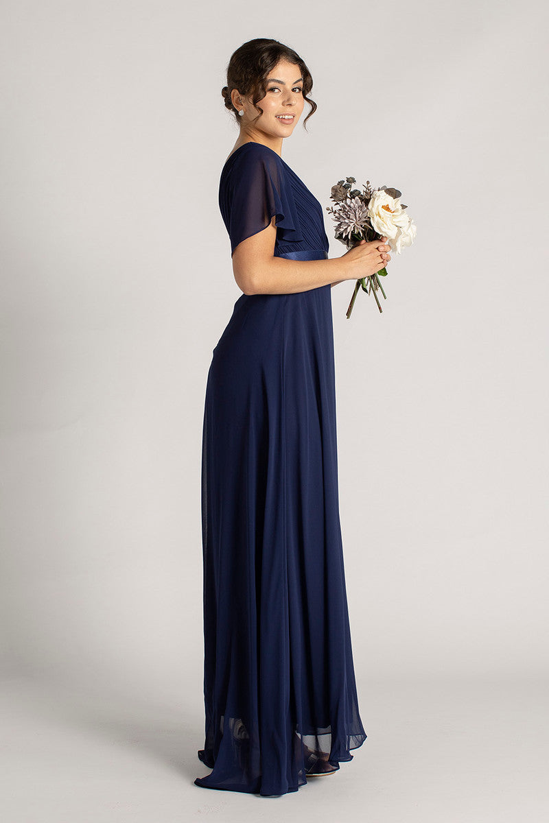 Evelyn Chiffon Short Sleeved Bridesmaid Dress in Navy