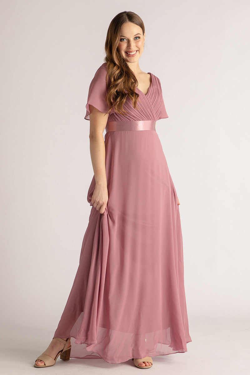 Evelyn Chiffon Short Sleeved Bridesmaid Dress in Plum