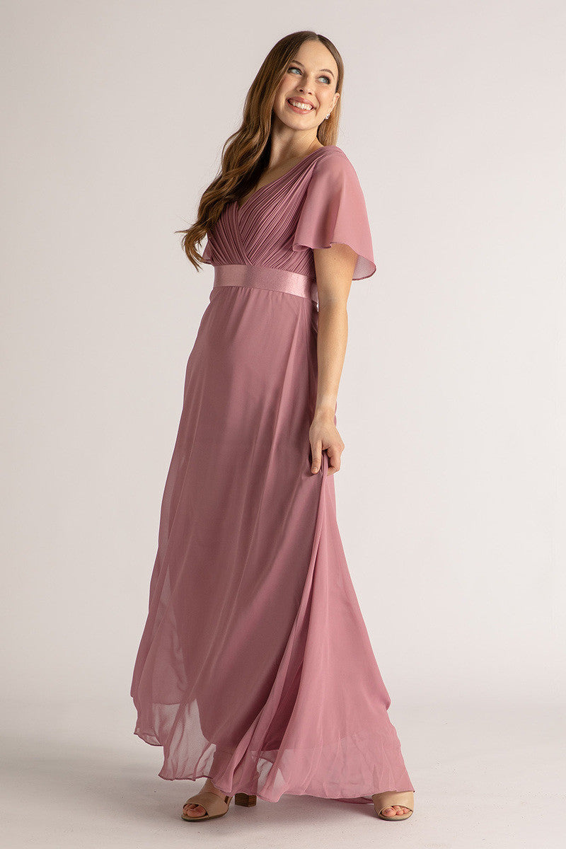 Evelyn Chiffon Short Sleeved Bridesmaid Dress in Plum