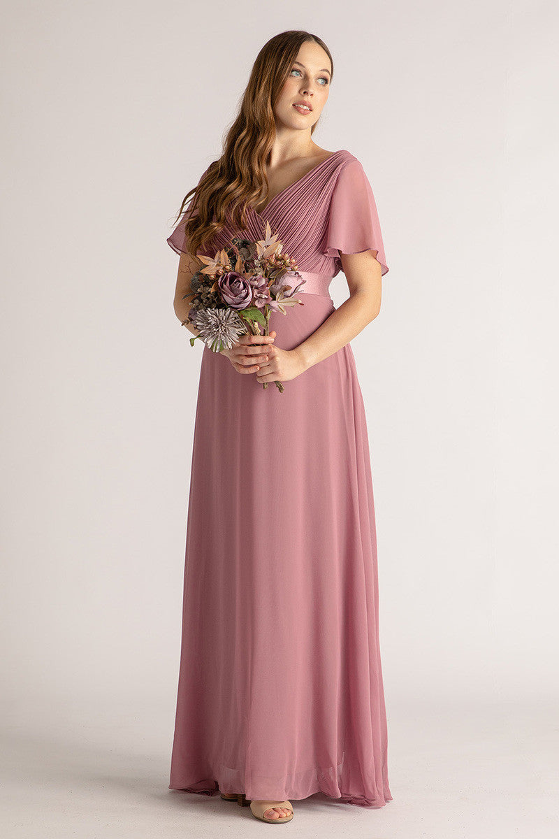 Evelyn Chiffon Short Sleeved Bridesmaid Dress in Plum
