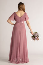 Evelyn Chiffon Short Sleeved Bridesmaid Dress in Plum