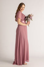 Evelyn Chiffon Short Sleeved Bridesmaid Dress in Plum