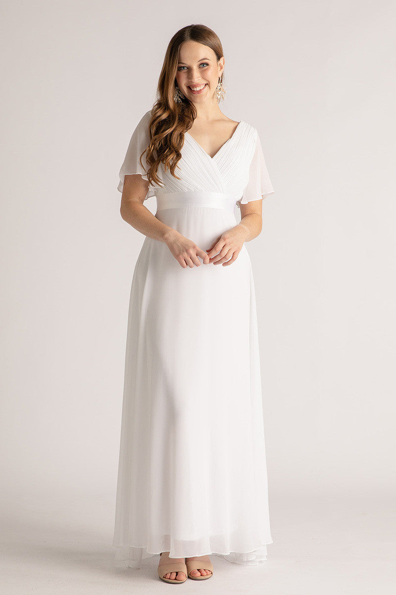 Evelyn Chiffon Short Sleeved Bridesmaid Dress in White