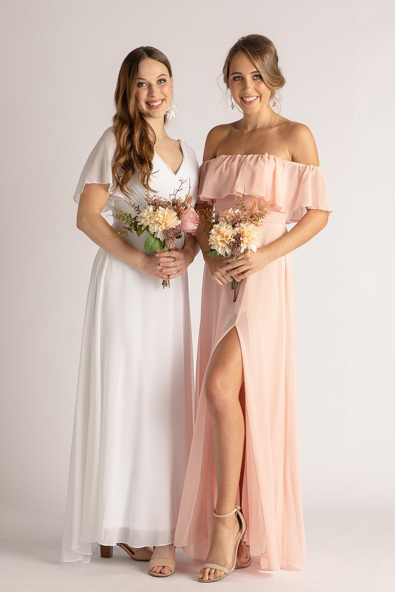 Evelyn Chiffon Short Sleeved Bridesmaid Dress in White