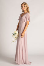 Evelyn Chiffon Short Sleeved Bridesmaid Dress in Dusty Lilac