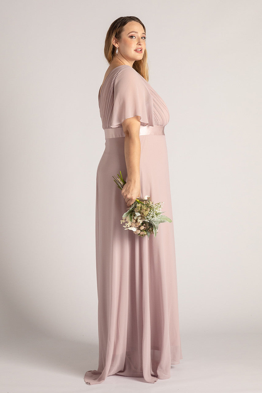 Evelyn Chiffon Short Sleeved Bridesmaid Dress in Dusty Lilac