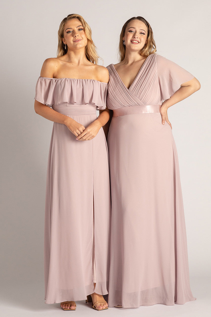 Evelyn Chiffon Short Sleeved Bridesmaid Dress in Dusty Lilac