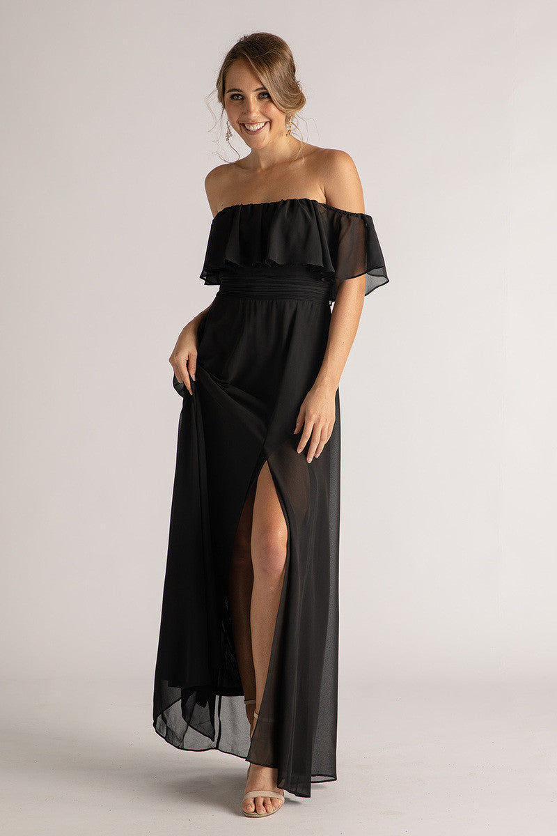 Isabelle Off Shoulder Flowy Bridesmaids Dress in Black