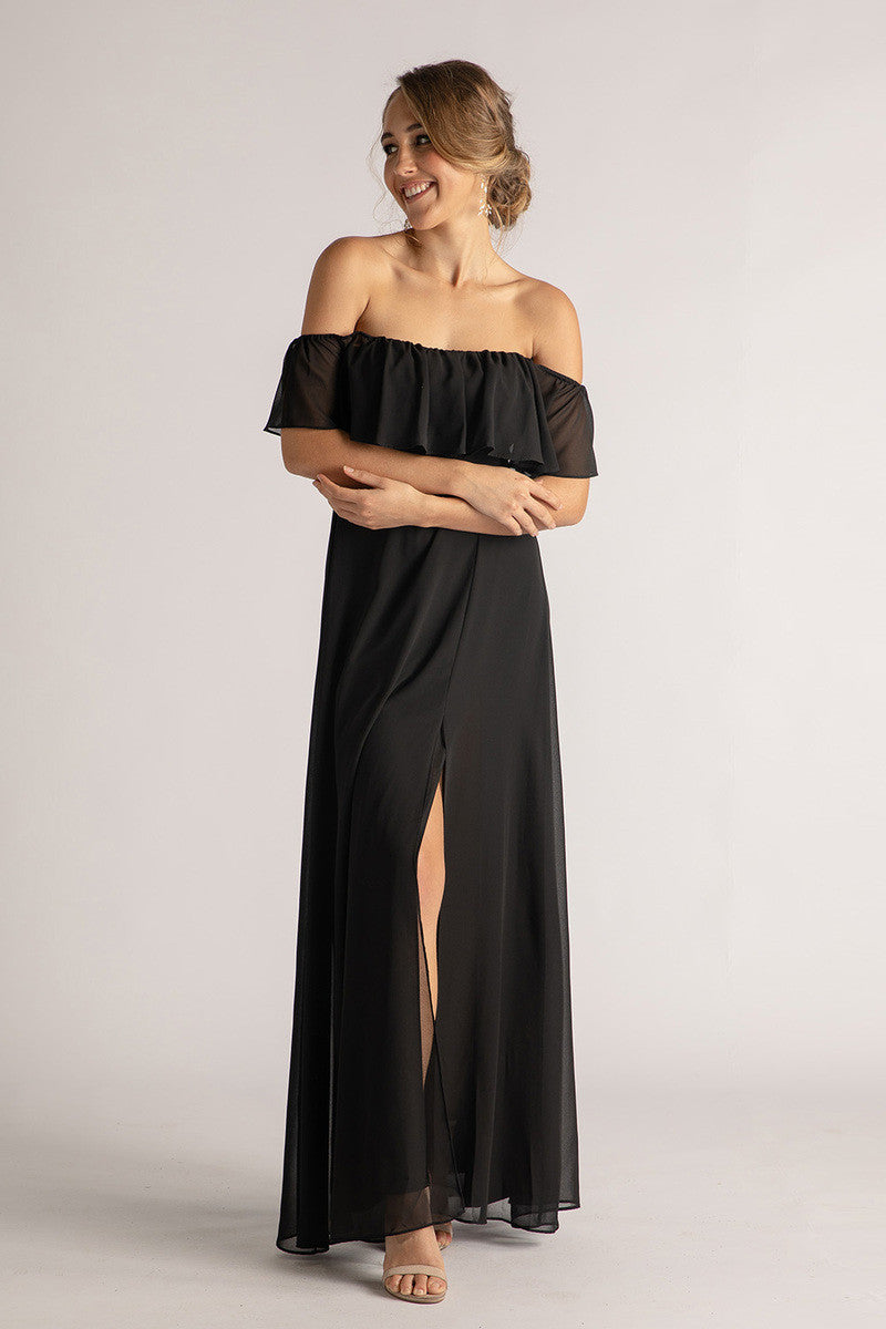 Isabelle Off Shoulder Flowy Bridesmaids Dress in Black
