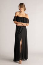 Isabelle Off Shoulder Flowy Bridesmaids Dress in Black
