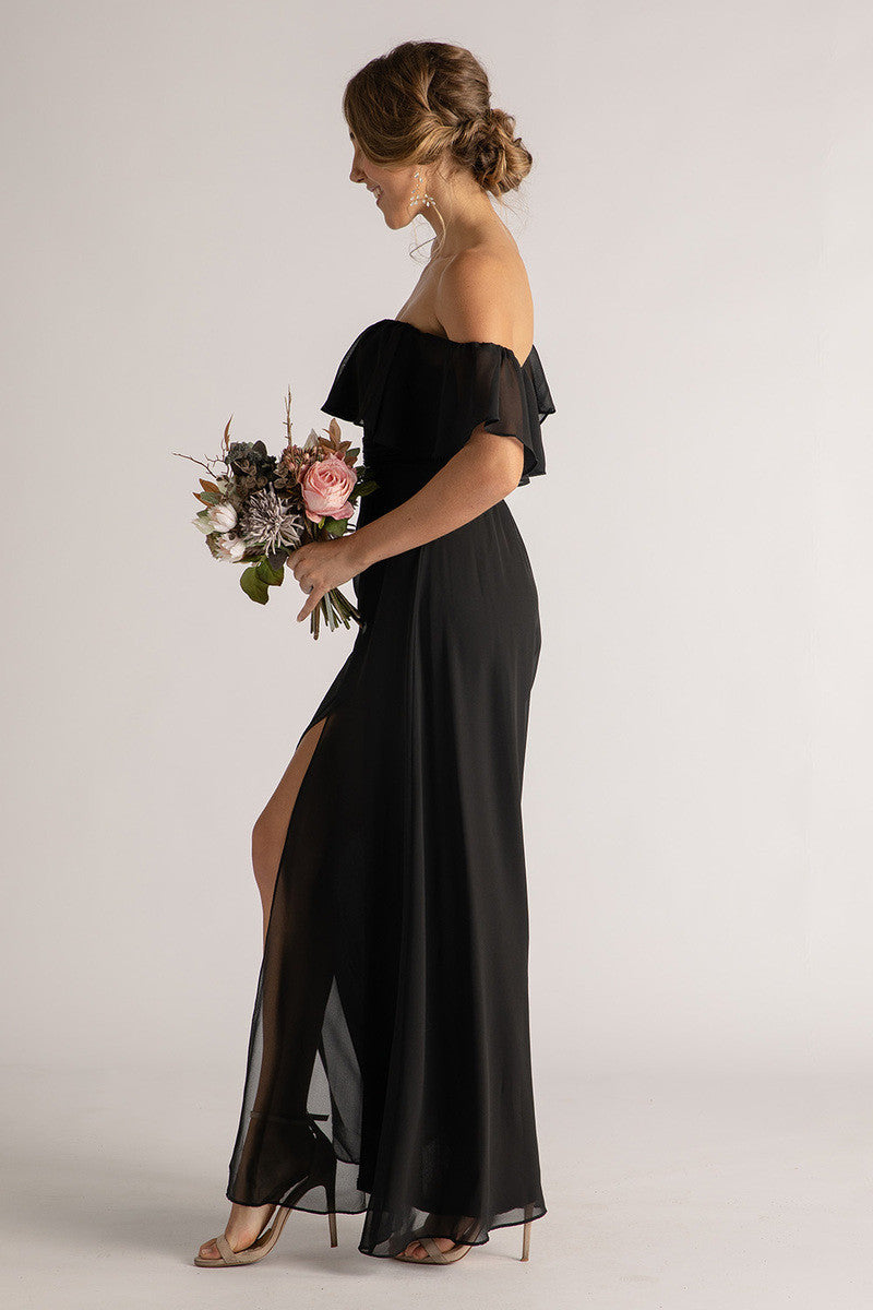 Isabelle Off Shoulder Flowy Bridesmaids Dress in Black