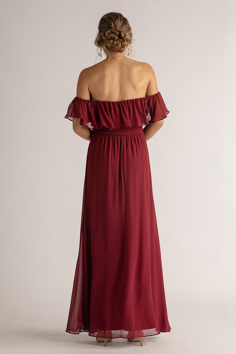 Isabelle Off Shoulder Flowy Bridesmaids Dress in Burgundy