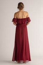 Isabelle Off Shoulder Flowy Bridesmaids Dress in Burgundy