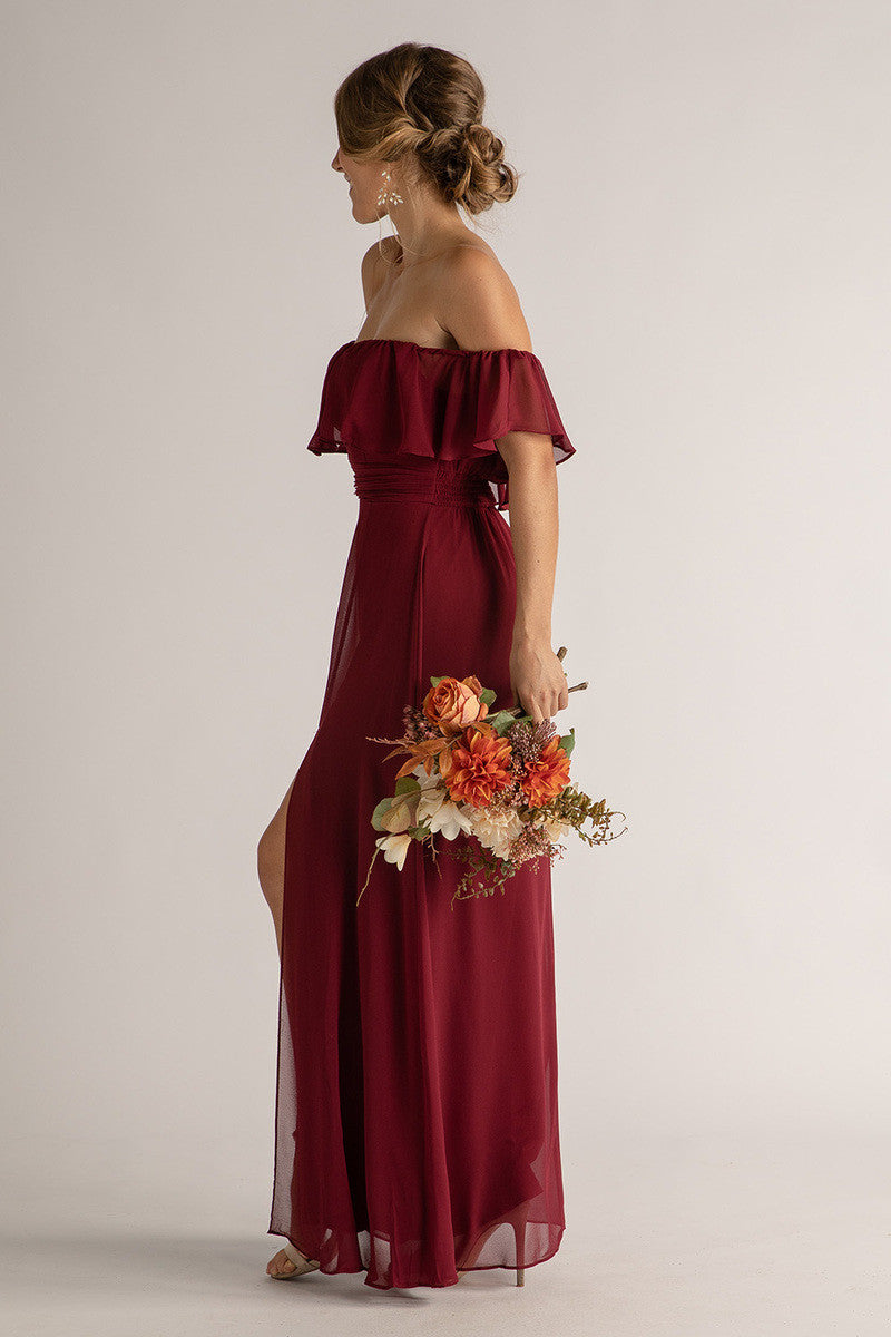 Isabelle Off Shoulder Flowy Bridesmaids Dress in Burgundy