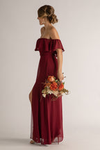 Isabelle Off Shoulder Flowy Bridesmaids Dress in Burgundy