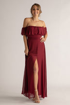 Isabelle Off Shoulder Flowy Bridesmaids Dress in Burgundy
