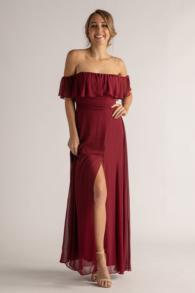 Isabelle Off Shoulder Flowy Bridesmaids Dress in Burgundy