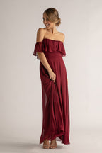 Isabelle Off Shoulder Flowy Bridesmaids Dress in Burgundy