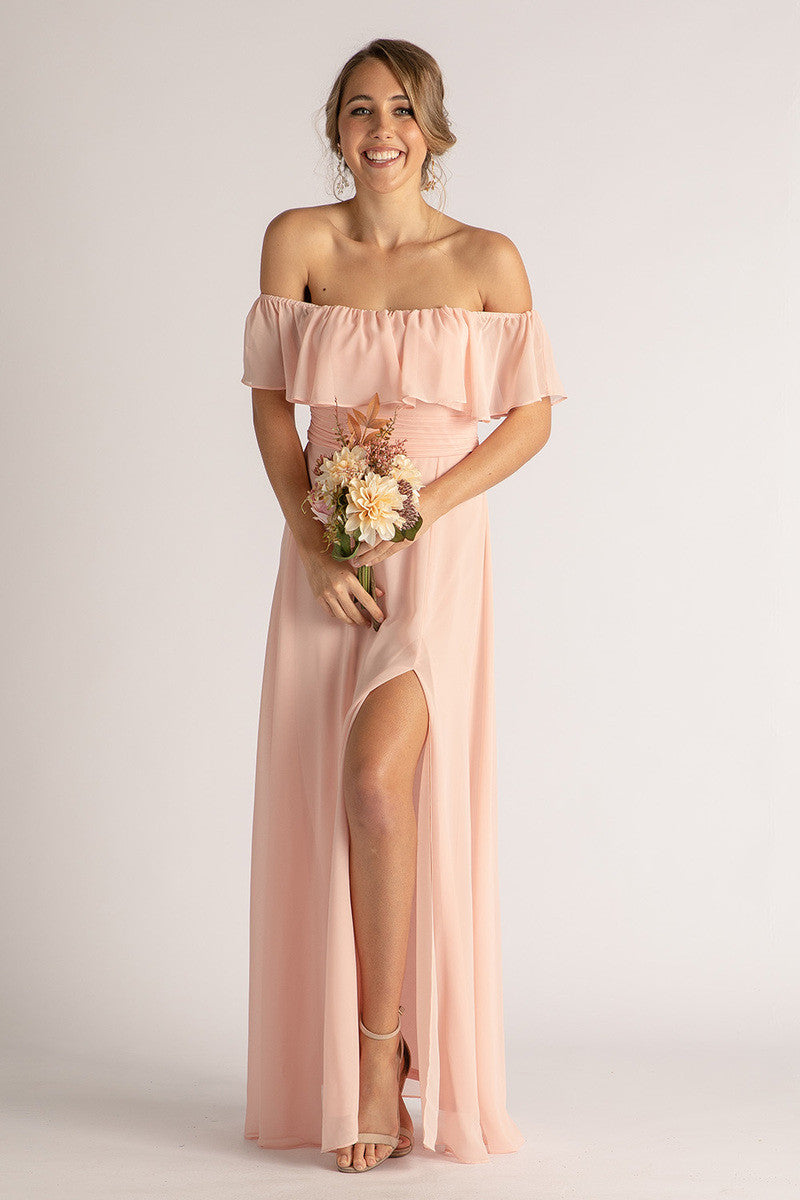 Isabelle Off Shoulder Flowy Bridesmaids Dress in Light Pink