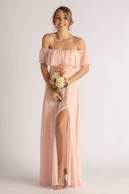 Isabelle Off Shoulder Flowy Bridesmaids Dress in Light Pink