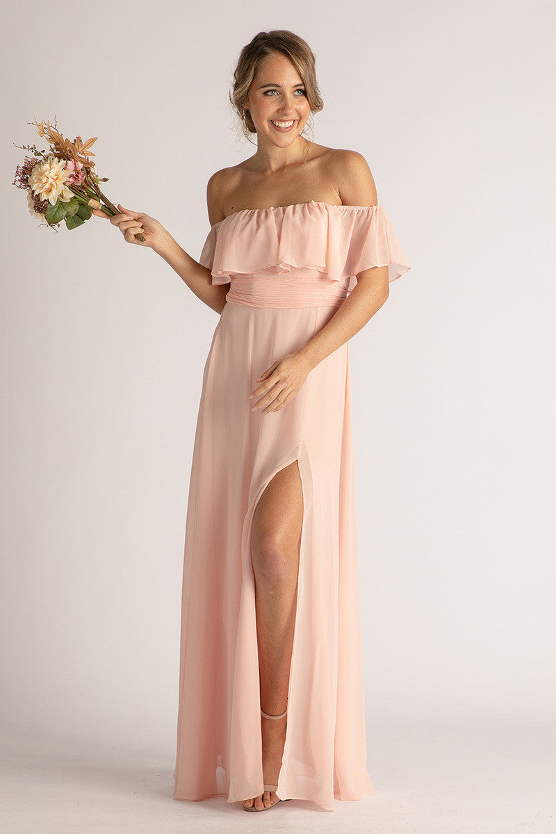 Isabelle Off Shoulder Flowy Bridesmaids Dress in Light Pink