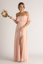 Isabelle Off Shoulder Flowy Bridesmaids Dress in Light Pink