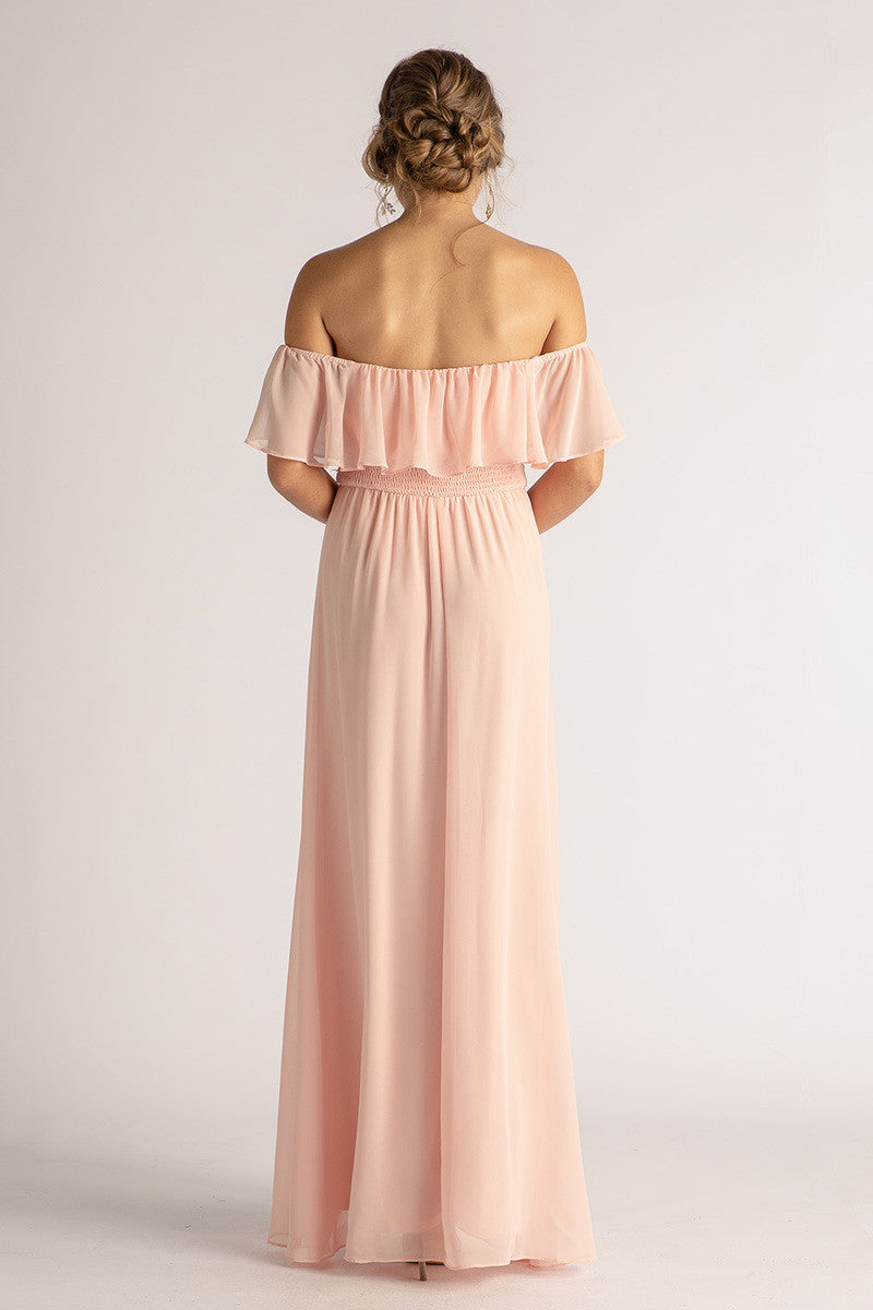 Isabelle Off Shoulder Flowy Bridesmaids Dress in Light Pink