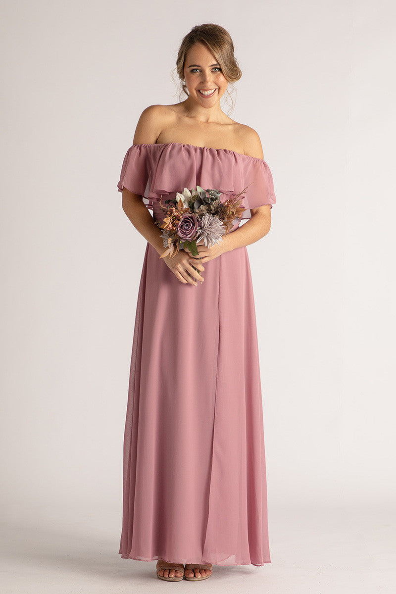 Isabelle Off Shoulder Flowy Bridesmaids Dress in Plum