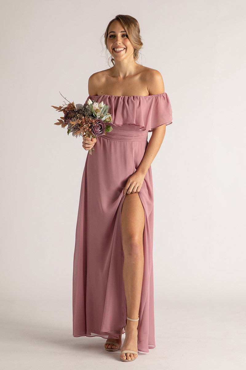 Isabelle Off Shoulder Flowy Bridesmaids Dress in Plum