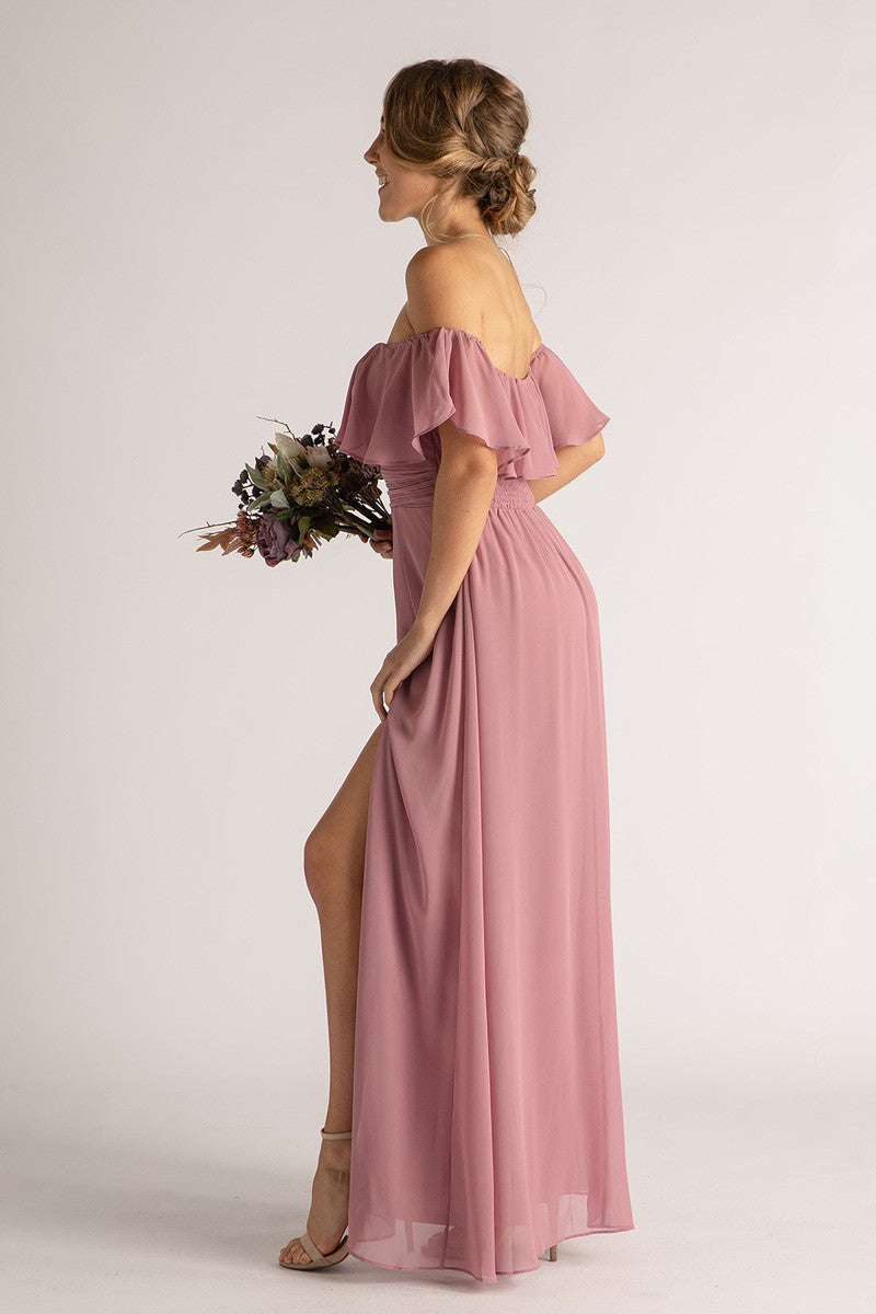 Isabelle Off Shoulder Flowy Bridesmaids Dress in Plum