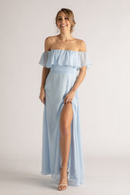 Isabelle Off Shoulder Flowy Bridesmaids Dress in Powder Blue