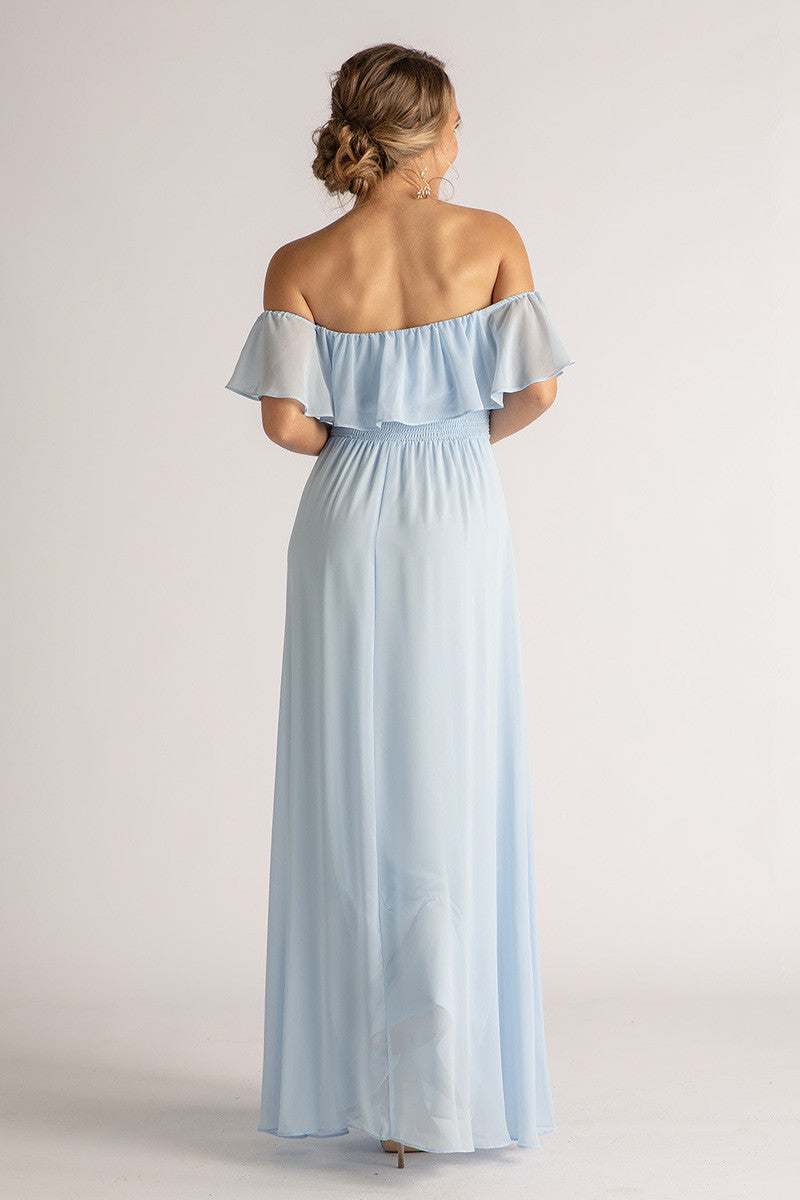 Isabelle Off Shoulder Flowy Bridesmaids Dress in Powder Blue