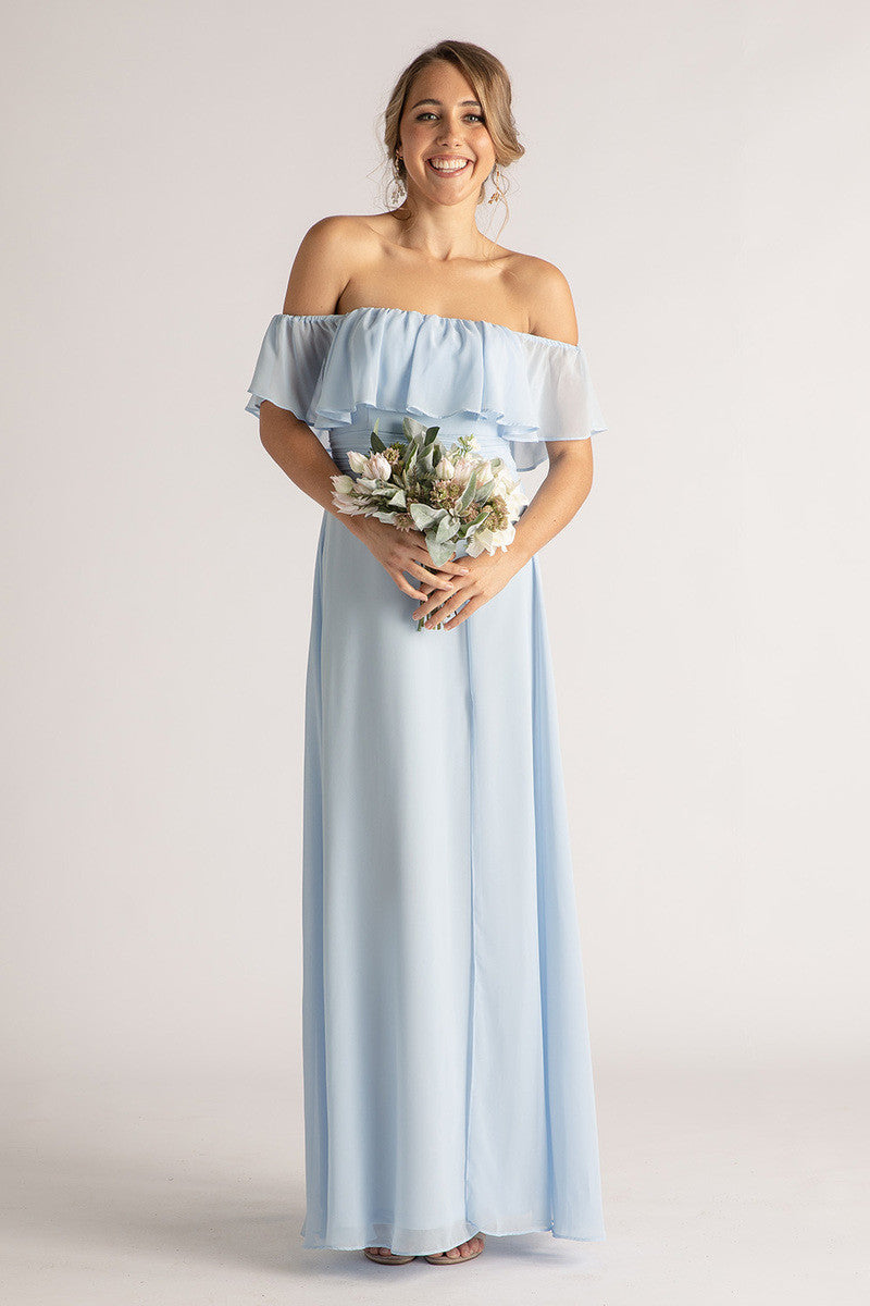Isabelle Off Shoulder Flowy Bridesmaids Dress in Powder Blue